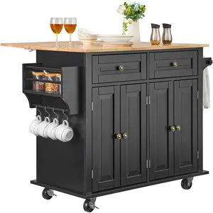 VEVOR Kitchen Island Cart,  , 43" Wood Top Mobile Carts with Storage Cabinet, Rolling Table with Drop Leaf, Spice Rack, Towel Bar, Adjustable Shelf, Drawer, and Hooks, Portable Islands on Wheels, Black