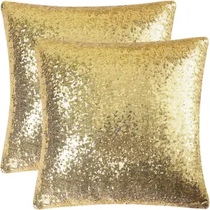 PiccoCasa 2 Pcs Sequin Throw Pillow Covers, 18x18 Inch, Glitzy Decorative Cushion Cover, Shiny Sparkling Satin Square Pillowcase Cover for Livingroom Decor Wedding Party, Gold