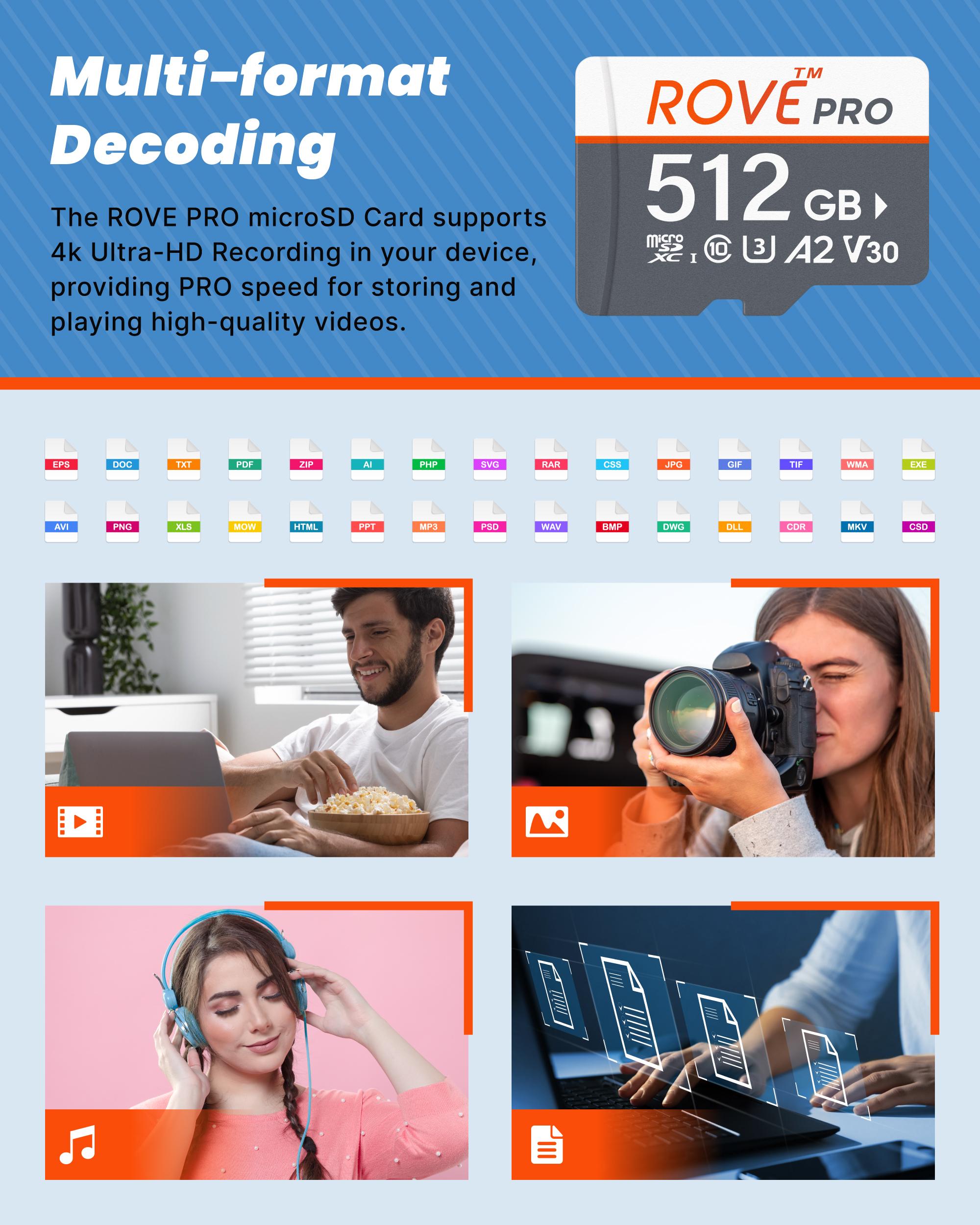 ROVE PRO microSD Card with Full-Size SD Adapter, 128GB / 256GB / 512GB