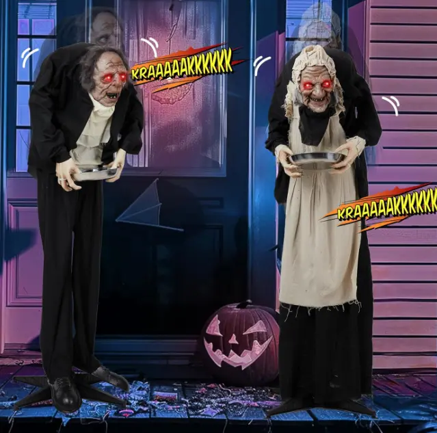 Ubesgoo 5FT Halloween Decor Spooky Horror Zombie Inflatable Doll (Old Man-Old Lady-Girl Grandma), Voice-Controlled Animatronics with Light-Up Eyes, Connecting Rods, Easy Install for Outdoors Graveyard Scenes & Indoor Parties