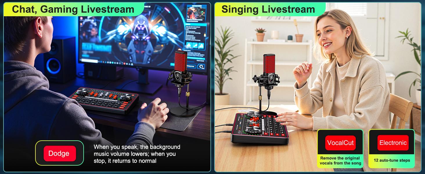 Tenlamp G3-Q8 Podcast Microphone bundle Live Sound Card Streaming Audio Mixer, Podcast Equipment with Voice Changer/Audio Interface for Live Streaming/Singing/Content Creation, with Voice Effects Soundboard