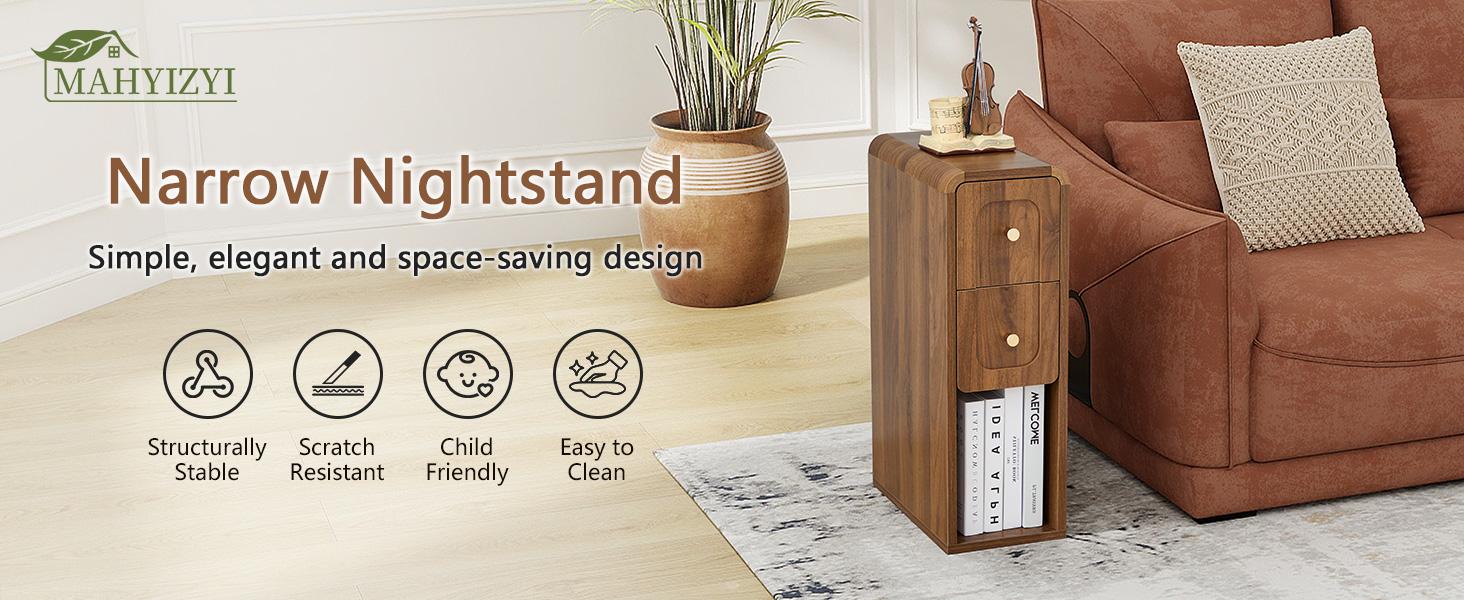 Giratree 23.62" Narrow Nightstand with 2 Drawers, Small Bedside Tables, Mid-Century Modern Slim Night Stand with Storage, Wooden End Table for Small Spaces, Bedroom, Living Room