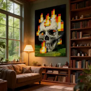 Pixelated Skull with Flames Great Wall Art, Canvas Poster, Cute And Vibrant Poster for Bedroom, Dorm, A Perfect Gift Idea for New Year Home Decor Lightweight Artistic Sun Moon Print Space Theme Design Modern Home Decoration