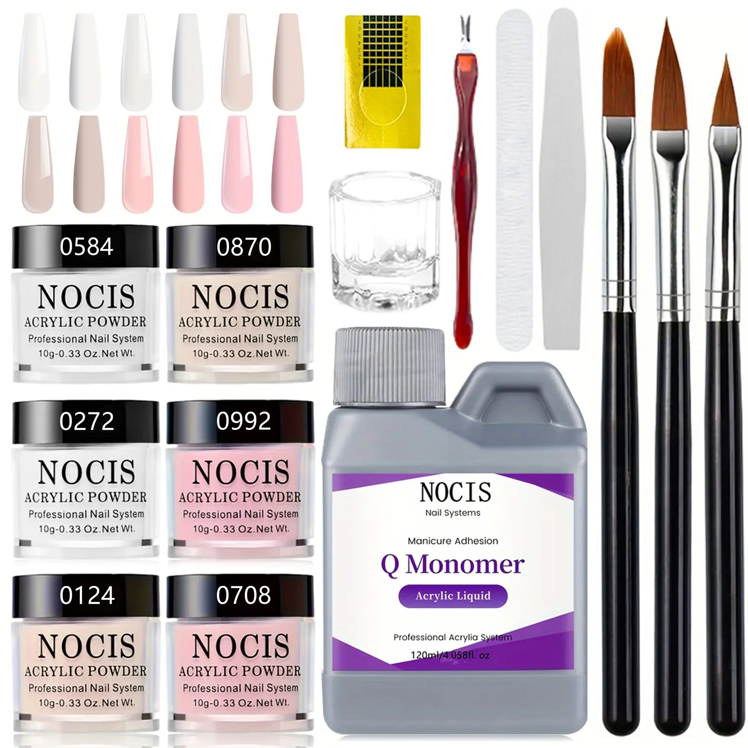 NOCIS Complete Acrylic Nail Kit - 6-Piece Extension Powder Set, Professional Art Supplies with Monomer Liquid, Tips, Brushes & Cuticle Tools for Beginners' DIY Home Salon Nail Care