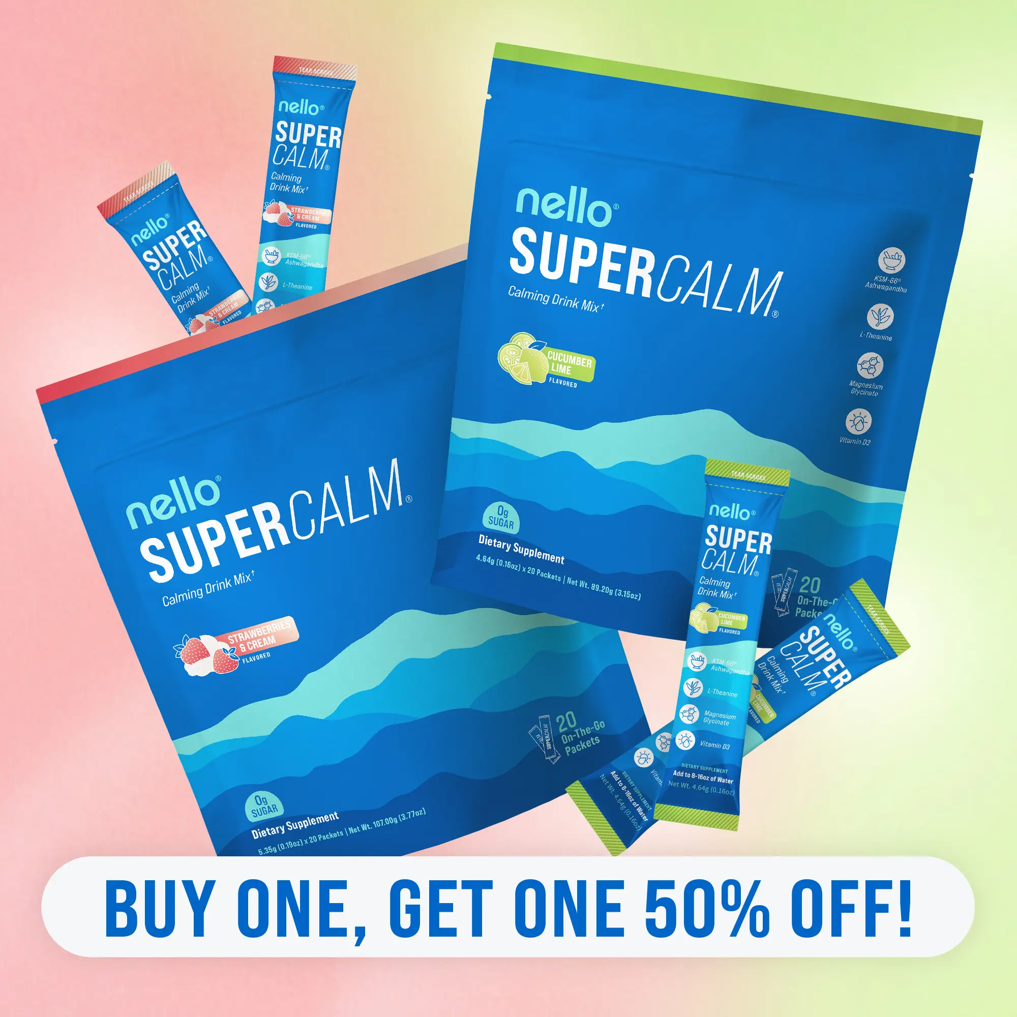 Nello Supercalm Best Selling Flavors Bundle (2-Pack): Calming Drink Mix with KSM-66 Ashwagandha Vitamin D3 Magnesium L-Theanine Supports Cortisol Balance Mood Sleep Helps Manage Stress, Wellbeing - Travel Packets 20 Servings Each