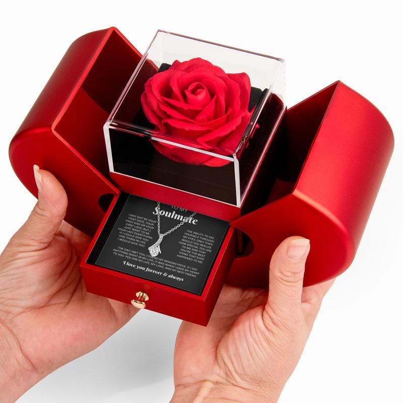 Soulmate Rose Box Set with 14k White Gold Alluring Beauty Necklace Eternal Rose Valentine's Day Gift for Girlfriend Wife