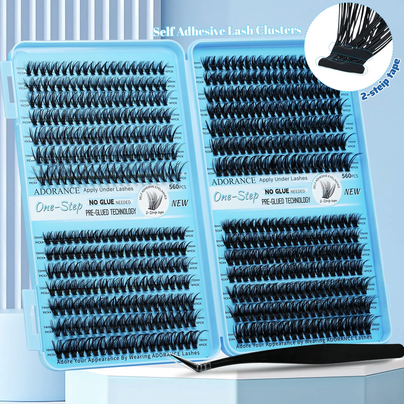 ADORANCE Pre-Glued Lash Clusters Kit 560PCS with 2-Strip Adhesive Tape, Self Adhesive Press On Lashes No Glue Needed, Natural Wispy Cluster Lashes 10-16mm with Non-Stick Applicato, Mixed Style Lashes, Cosmetic, Preglued Lash Clusters