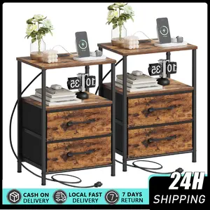 Small Nightstands with Charging Station and 2 Fabric Drawers-Nightstand with Open Storage Shlef for Bedroom, Bedside Table Furniture with USB Ports and Outlets, End Bed Side Table, Rust Nightstands Set of 2, Night Stand with Charging Station