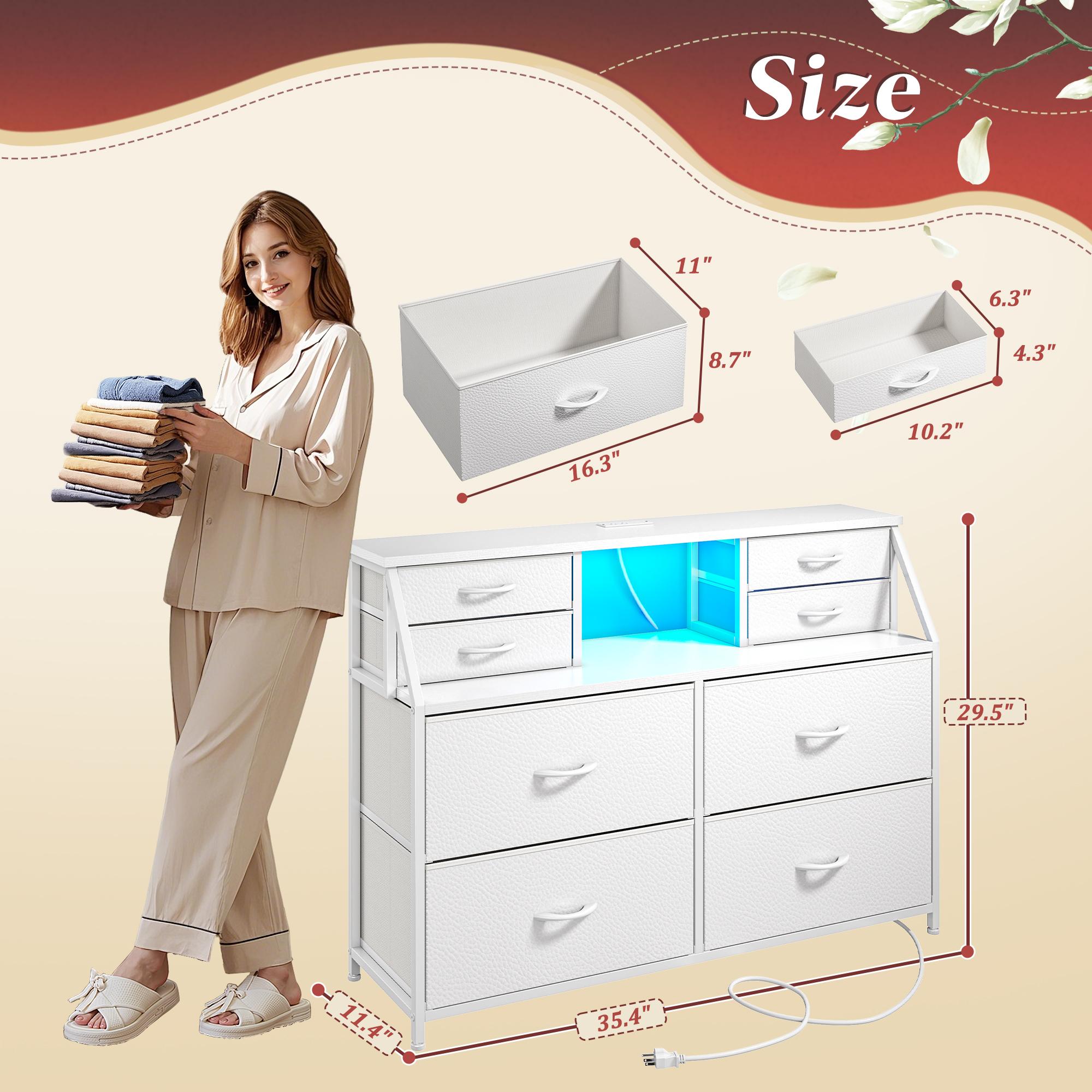 【Storage Hack】Raybee Vanity sideboard 30''H 8 Drawers Dresser for Dorm & Attic,Dresser with Built-In Charging Station and LED, Sturdy Chest of Drawers with Two Open Shelves for Storage,Hides all your clutter to keep you organized and your vibe on point