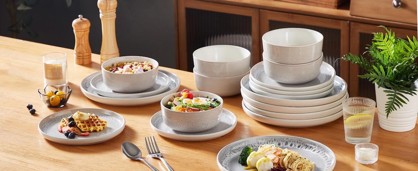 vancasso Stoneware Dinnerware Set – 16/18/24-Piece Plates and Bowls Set for 4/6, Reactive Glaze Mediterranean Style Crockery, Chip-Resistant, Dishwasher & Microwave Safe