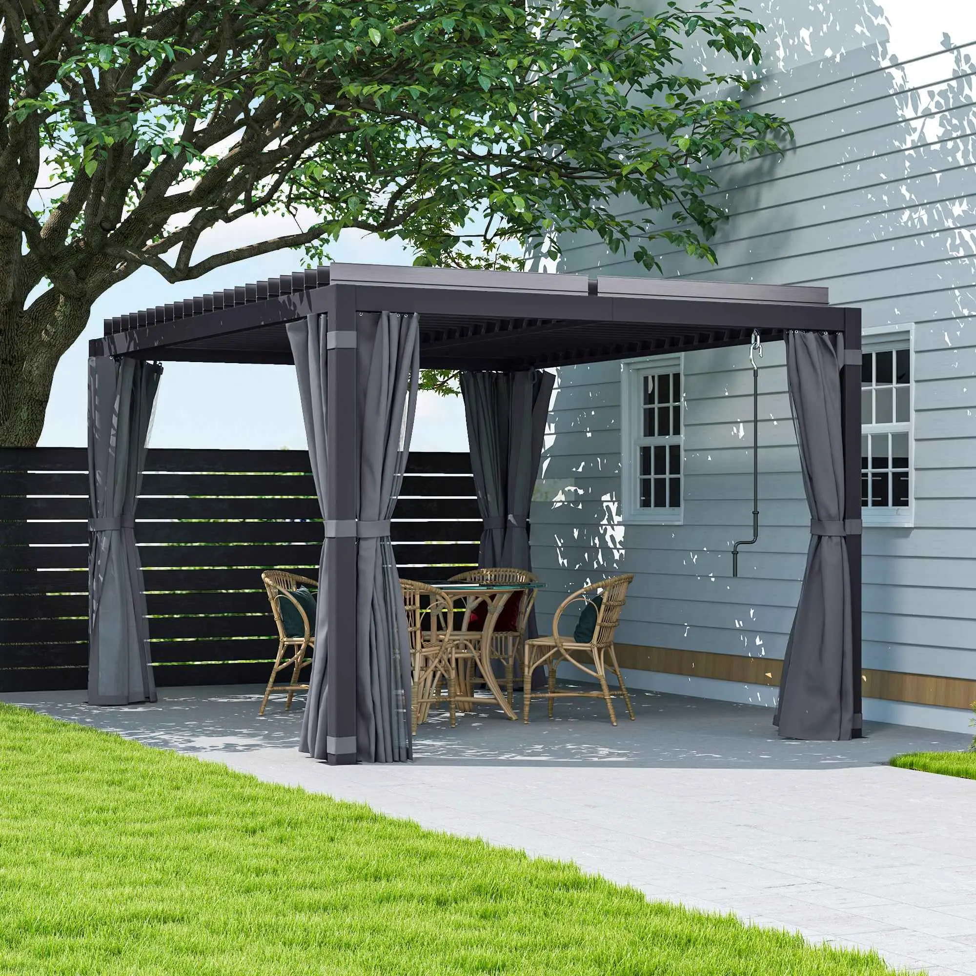 10x13 Retractable Pergola with Sun Shade Louvered Top & Curtains