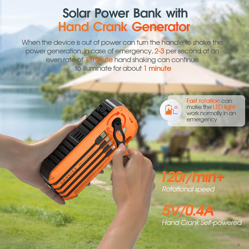 Bodo-Tech 40000mAh Solar Charger Hand Crank Power Bank with 4 Cables Fast PD20W Charging LED Flashlight for iPhone Android Samsung Orange Black
