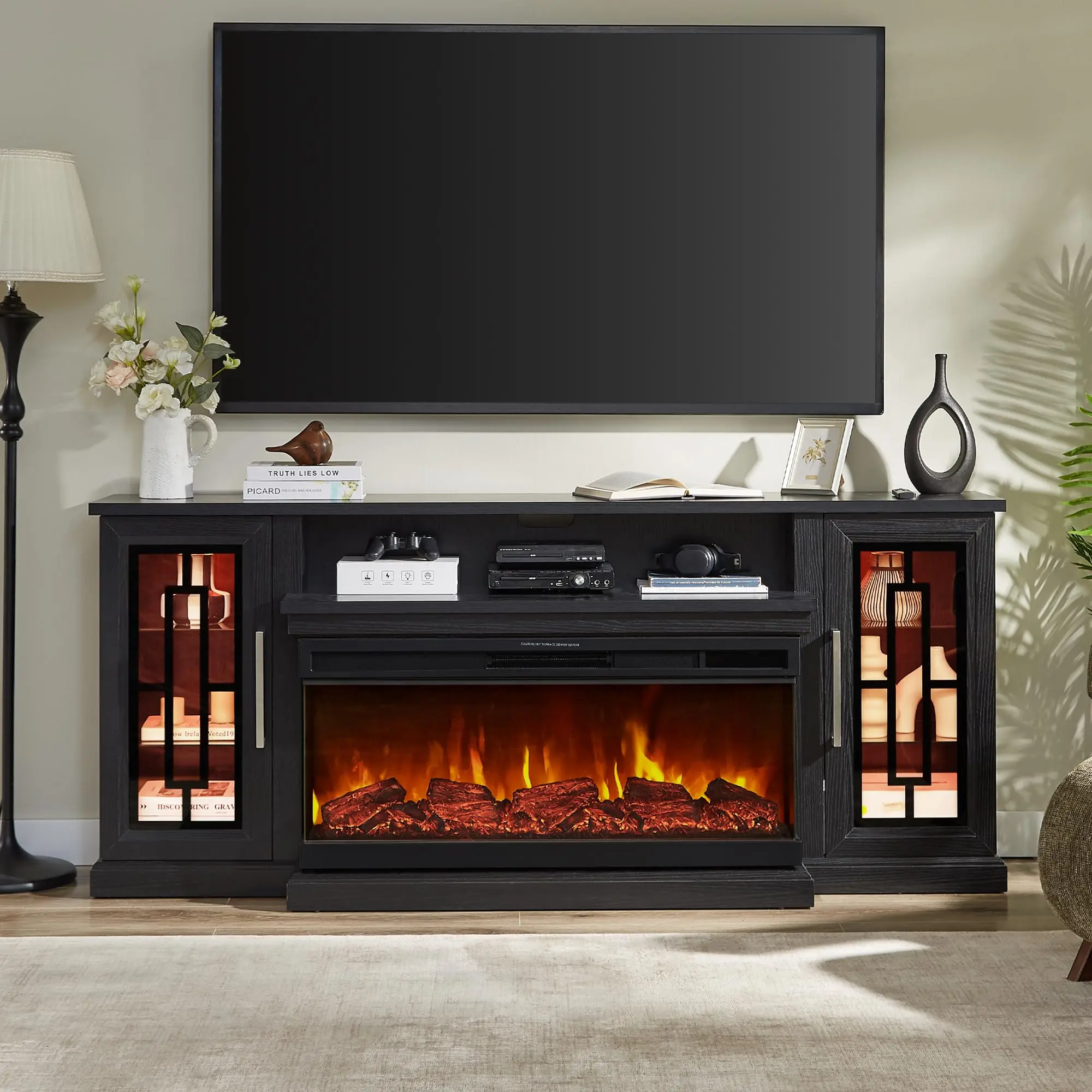 75 Inch Electric Fireplace TV Stand, 3- Side Glass LED Modern Media Entertainment Center Console Table for TVs up to 80/85 Inch w/Adjustable Flame, 40’’ Fireplace, Highboy, Black