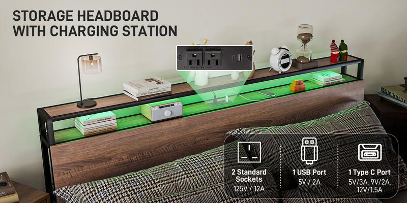 HOMCOM Bed Frame with Storage Headboard, Platform Bed Frame with LED Lights, Charging Station, Steel Slats, Noise-Free & Easy Assembly, No Box Spring Needed