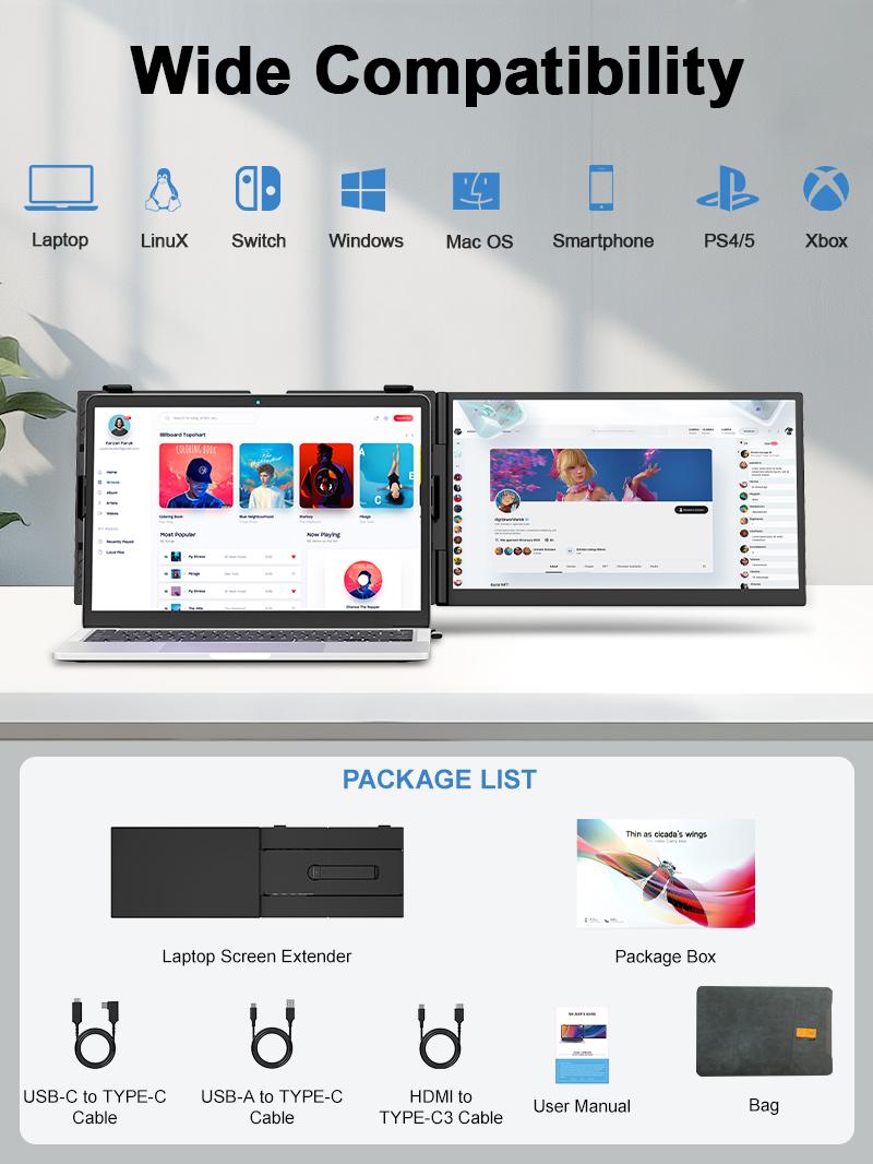 【WeeklyDeals】Cevaton Ultra-Slim Laptop Screen Extender, 14" FHD 1080P Portable Monitor for Laptop, 1.3lbs Lightweight Single Monitor Extender Plug & Play for 13"-17" Laptops（not include computer）, Compatible with Wins/Mac/Android/Chrome