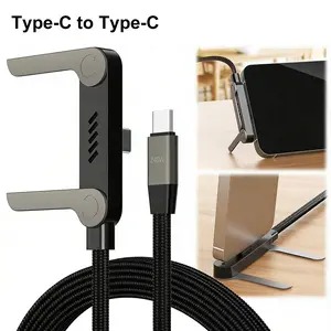 2026 New Type-C Fast Charging Cable with Stand, 240W Multi-Functional Braided Fast Charger Cord, Foldable Phone Holder for Gaming/Office/Car/Travel