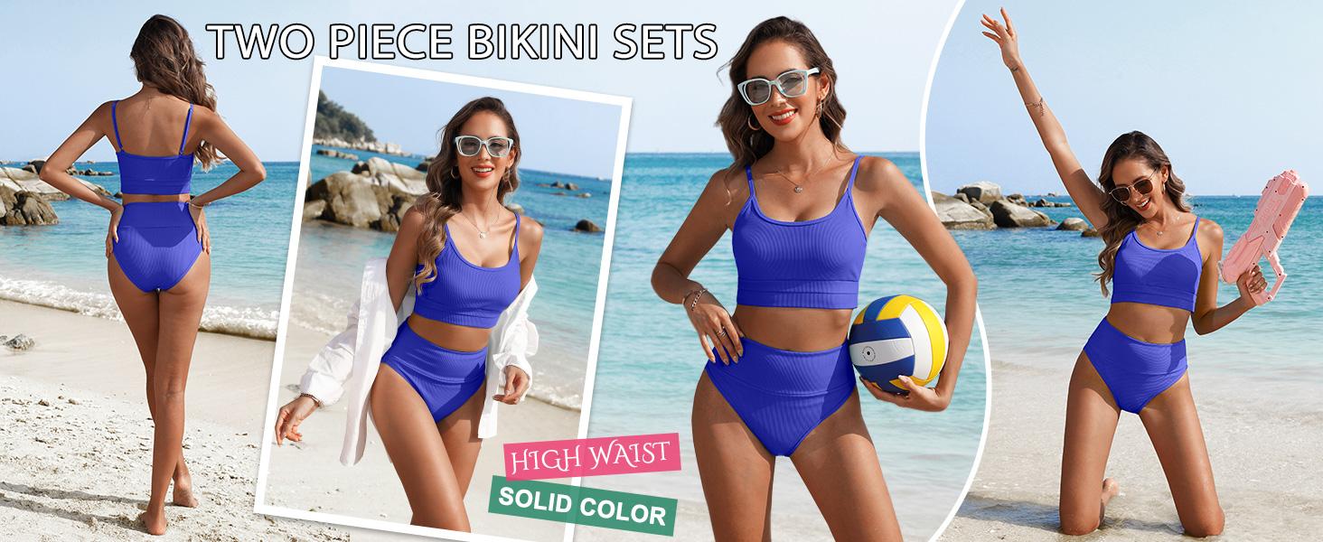 ANRABESS Women High Waisted Bikini Sets Color Block Summer Beach Vacation 2 Piece Bathing Suit Tummy Control Ribbed Swimsuit