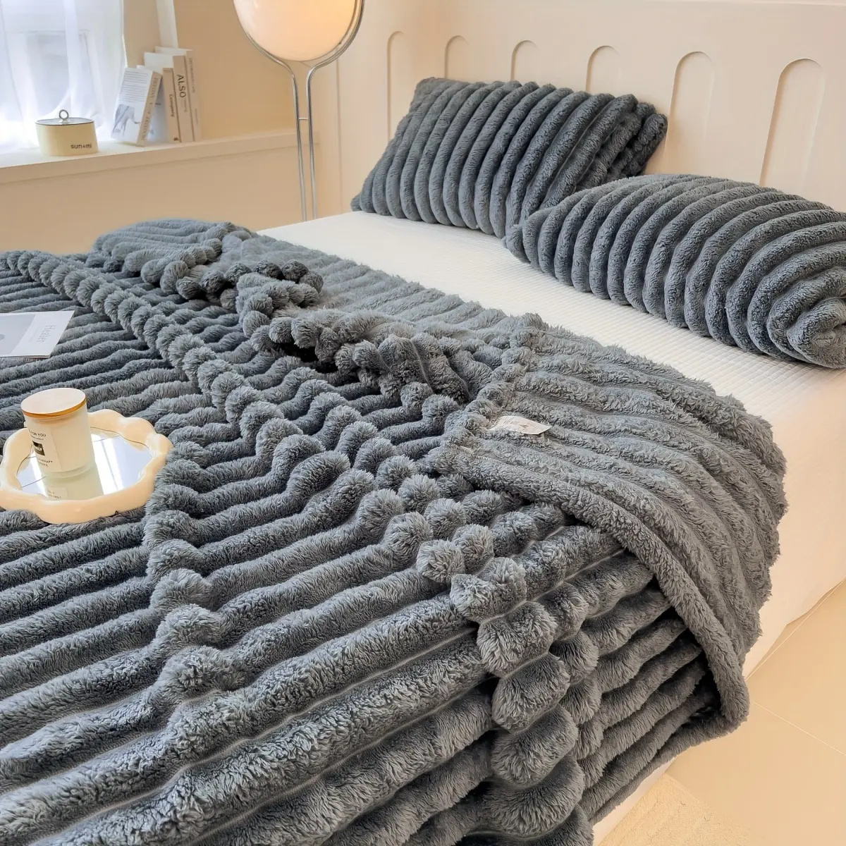 [Summer Sale Deals]Fleece Throw Blanket, Super Soft Blanket, Stripe Texture Fluffy Blanket, Lightweight Blanket for Couch, Sofa, Bed, Living Room, Office, Dorm,Home Decor, All Seasons, Decorative, Gift Idea