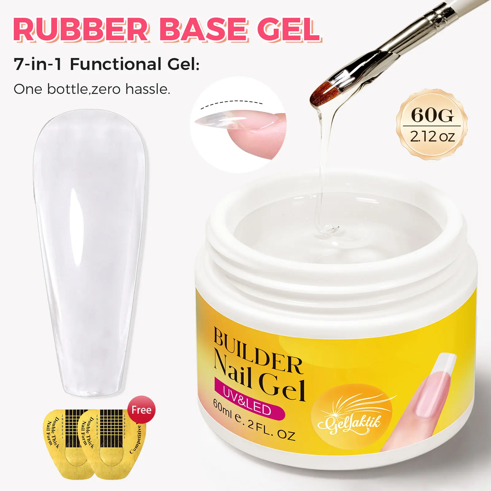 GELLAKTIK 60g Clear Hard Builder Gel for Nails with 10 Nail Forms Strengthener & Thickening UV LED Cured Salon DIY Manicure Kit for Nail Extension Repair