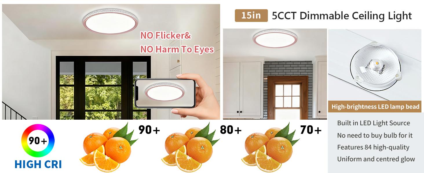 Dimmable LED Flush Mount Ceiling Light  High CRI Flicker Free Adjustable Color Temperature for Bedroom Living Room