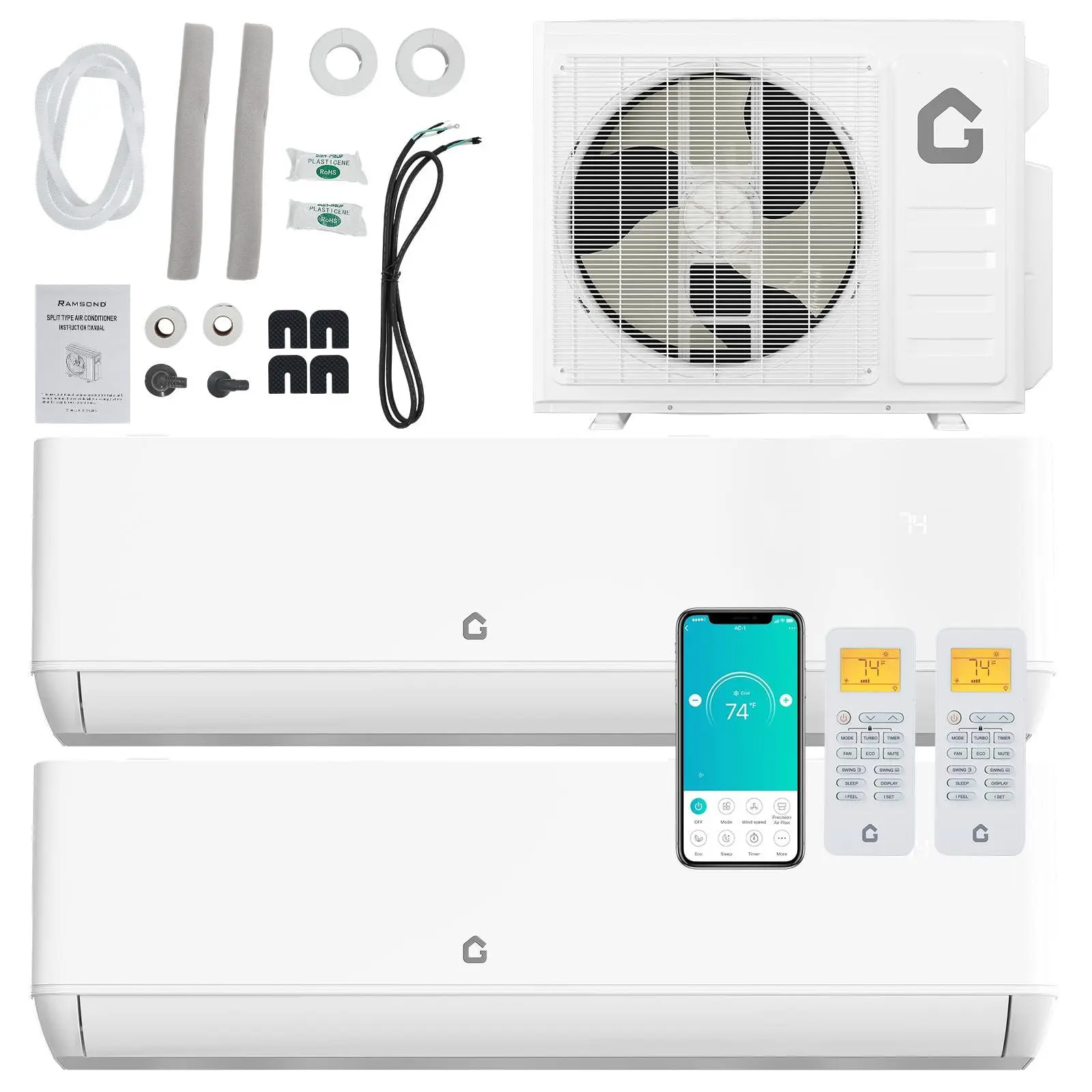 GARVEE Wall Mount Aircon Set - 24 SEER2 Dual 2-Zone Ductless Pre-Charged Heat Pump, 12000 BTU+12000 BTU, 208-230V, Cools Up to 1500 Sq.Ft (18,000 BTU Total Capacity)
