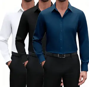 Men’s Solid Color Long-Sleeve Shirt, Spring/Autumn, Korean Style Slim Fit, Wrinkle-Free, Business Casual