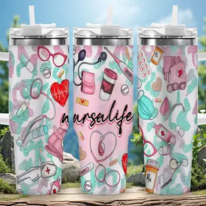 1pc 40oz NurseLife Medical Pattern Tumbler with Lid, Insulated Travel Mug, Gift for Women Men, Ideal for Halloween, Independence Day, Memorial Birthday Gift, Coffee Cup, weird stuff