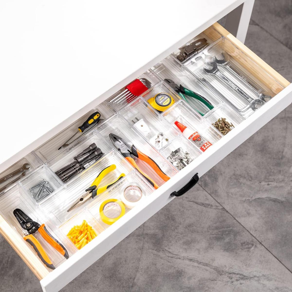 25 PCS Clear Plastic Drawer Organizer Tray, Bathroom Organizers and Storage Bins for Makeup, Kitchen Utensils, Jewelries, Gadgets, Office Desk