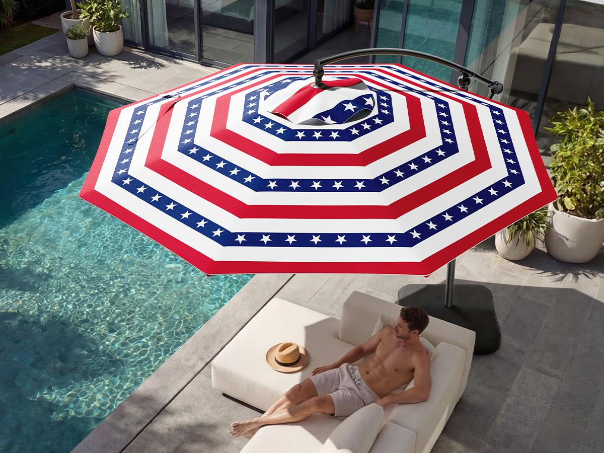 【Spring Sale】10ft Solar Outdoor Patio Umbrella, UPF50+ UVOutdoor Table Umbrella, Yard Umbrella, Market Umbrella with 8 Sturdy Ribs, Push Button Tilt and Crank- with Base