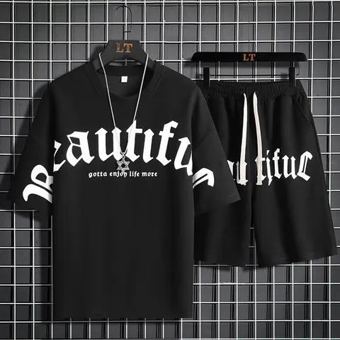Men's 2-Piece Menswear Set - Crew Neck Polyester Short-Sleeved Letter Printed T-Shirt, Drawstring Elastic Waist Shorts, Loose Athletic Casual Street Style, Lightweight Soft Breathable, Suitable for Summer Daily Wear & Sports