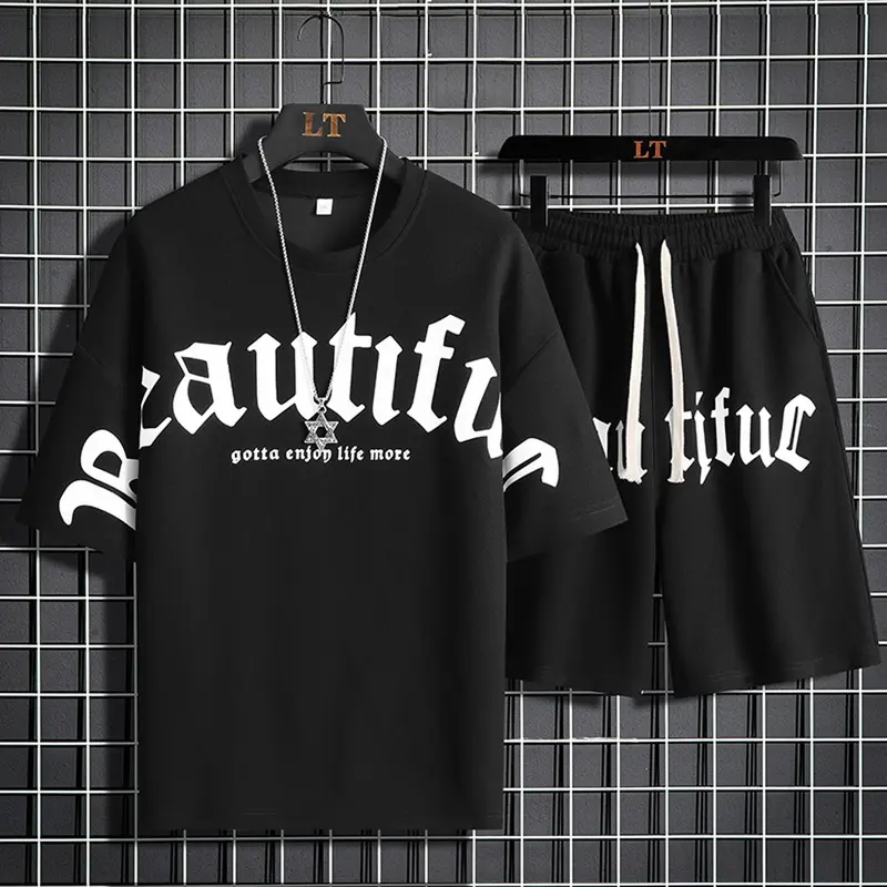 Men's 2-Piece Menswear Set - Crew Neck Polyester Short-Sleeved Letter Printed T-Shirt, Drawstring Elastic Waist Shorts, Loose Athletic Casual Street Style, Lightweight Soft Breathable, Suitable for Summer Daily Wear & Sports