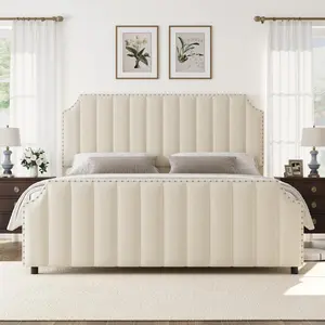 Queen Size Platform Bed Frame with 50.2 in Headboard, Velvet Upholstered Bed Frame Queen with Vertical Channel Tufted Headboard & Footboard, Cream