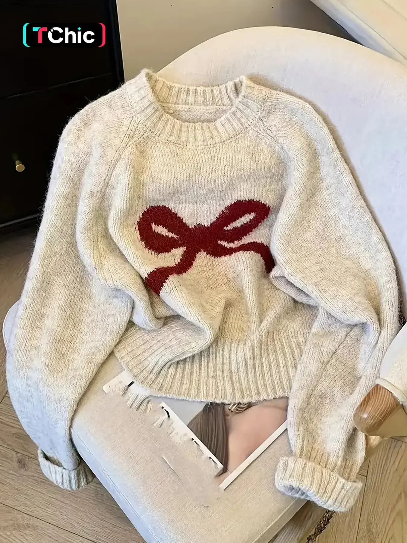Women's Sweater, Crew Neck Knitting Pullover with Bow Graphic, Casual Everyday Loose Top for Autumn Winter, Thick, Fabric, Knitwear, Elegant