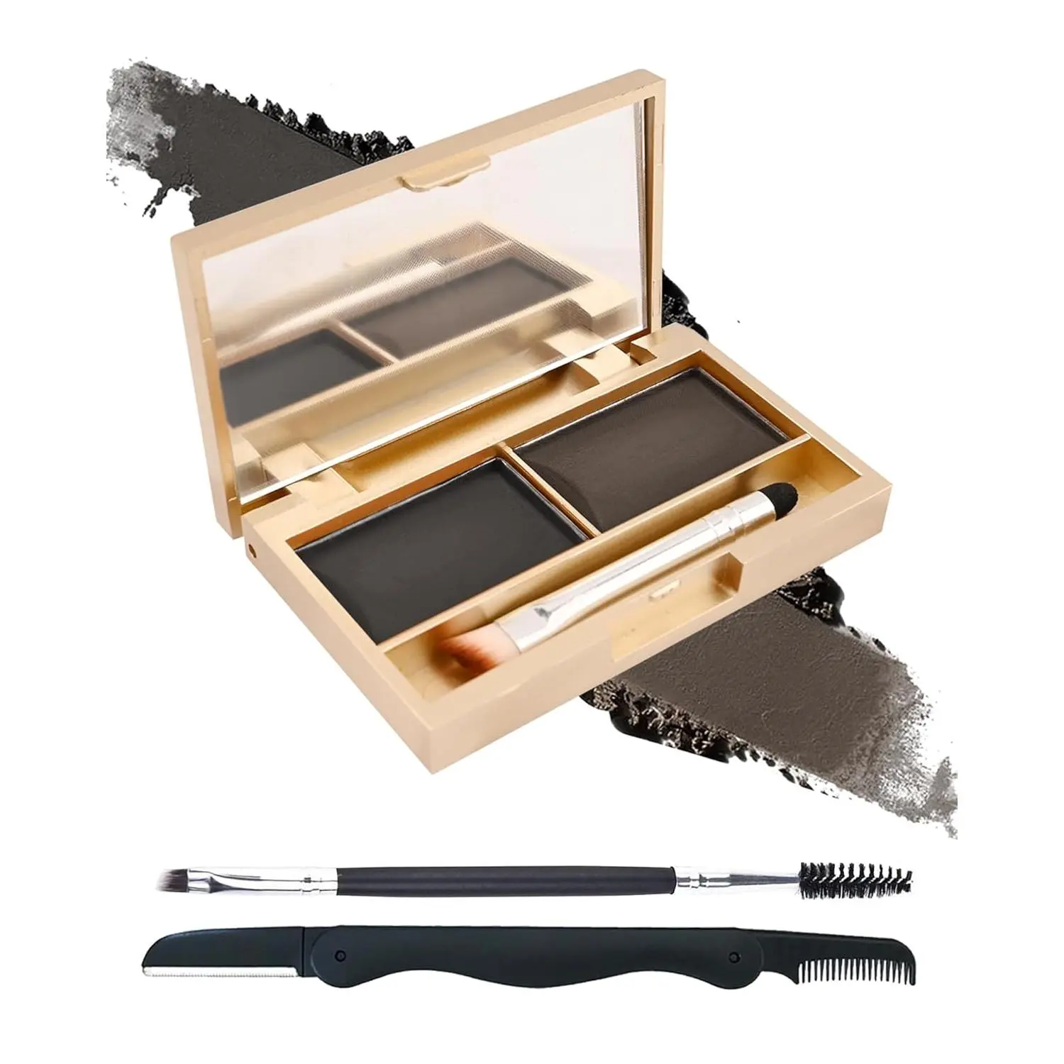 Eyebrow Powder Kit- 2 Color Soft Tinted Eye Brow Powder Palette,Waterproof Longlasting Dark Black/Dark Grey Brow Filler,Professional Eyebrow Makeup for Older Women with Mirror Brow Brush & Razor-Set06