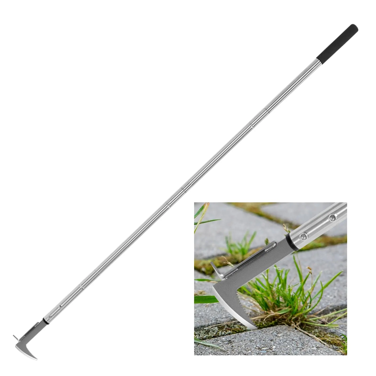 VOTREK Crack Weeder Garden Tool - 62in Stainless Steel Detachable Hoes & Rakes, 3-Edge Blade Root-Lift Weed Remover, Tight-Space Reach, Reinforced Beech Handle for Patio Pavers Gaps, Brick Joints, All Seasons Use