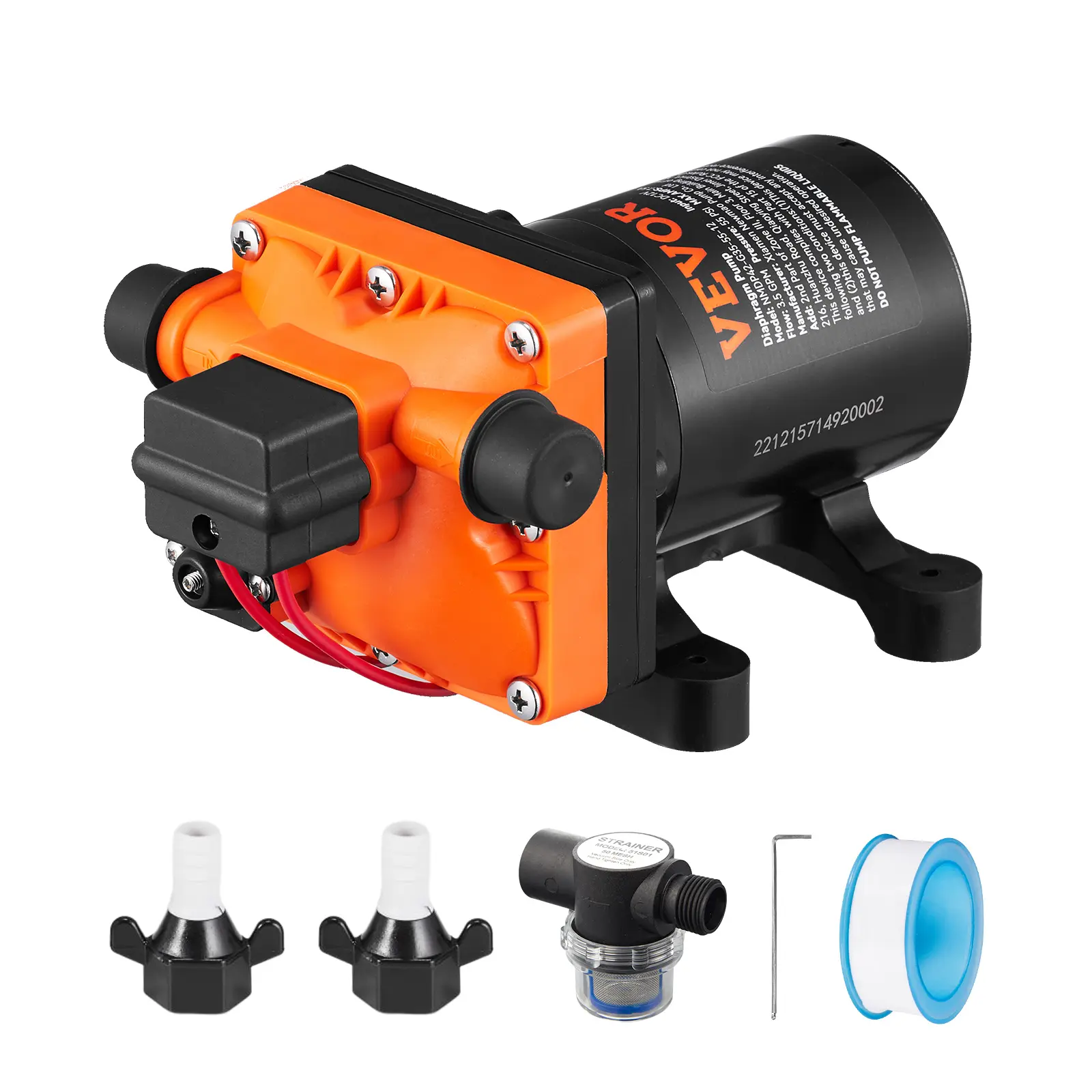 VEVOR 12V DC Self-Priming Water Diaphragm Pump, 3.5 GPM, 55 PSI Rated (40-80 PSI Adjustable), 1/2" MNPT Sprayer Pump with Pressure Switch, 7.5A Steady Power, Auto Start/Stop, Quiet, FCC Certified for Boats, Yachts, Agriculture Irrigation w/Sealing Tape