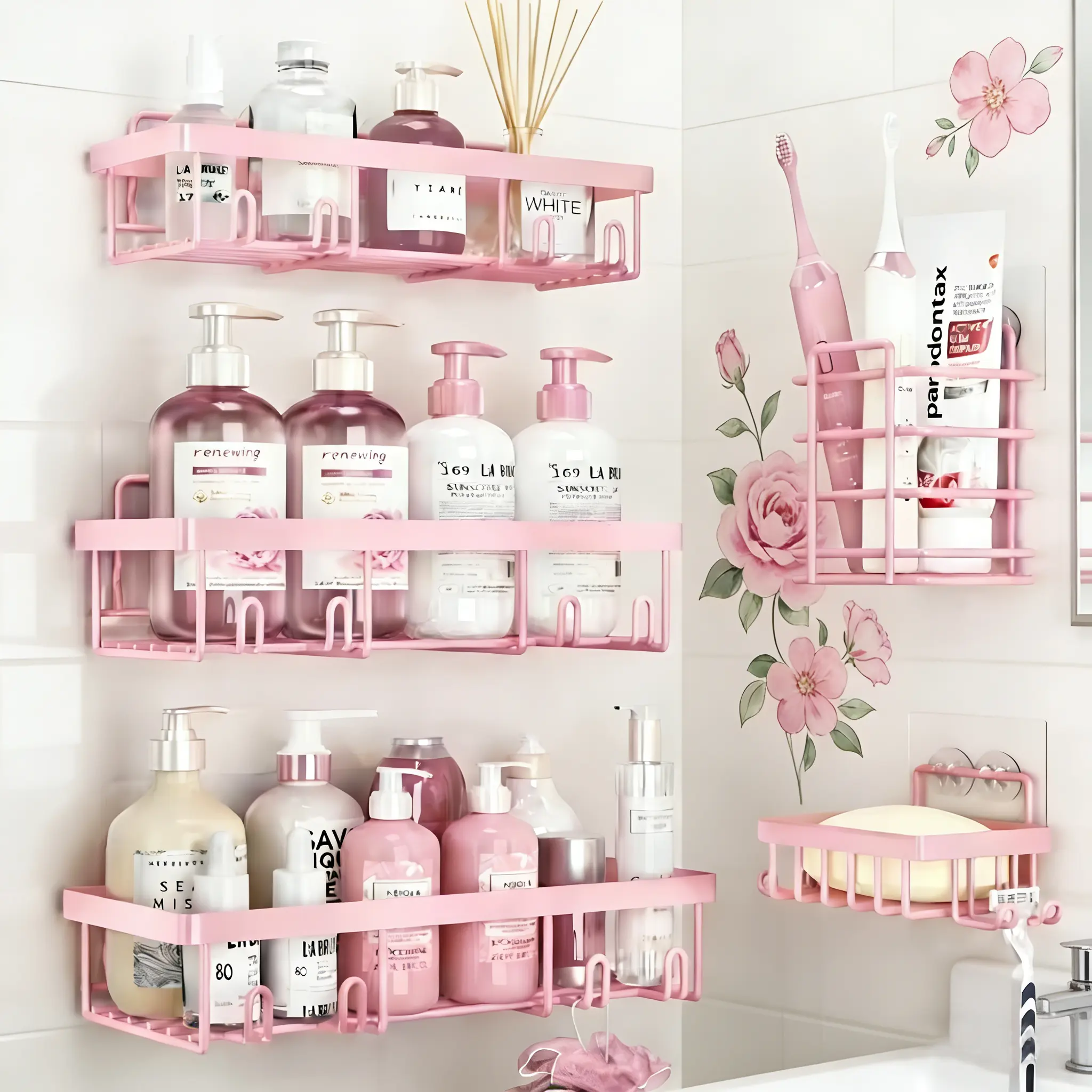 Pink 5-Piece Iron-Built Durable No-Drill Adhesive Shower Caddy Set - Heavy Duty, Waterproof, Rust-Proof Strength, Space-Saving Bathroom Organizer with Toothbrush Holder, Soap Holder, Wall Shelves, Graduation Gift for New Homes