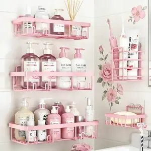 Pink Bathroom Accessories 5-Pack Rust-Proof& Waterproof Shower Rack No Drilling RequiredStick-On Storage Rack with Toothbrush & SoapHolder Large-Capacity Minimalist Design PinkValentine's Day gift