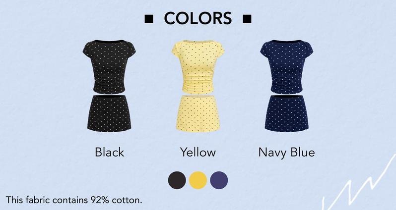 Cider Cotton-Blend Polka Dot Boat Neck Tee & Mini Skort Set, Stretchy Cotton Blend, Ruching Detail, Summer Casual Outfit for Beach & Street Style