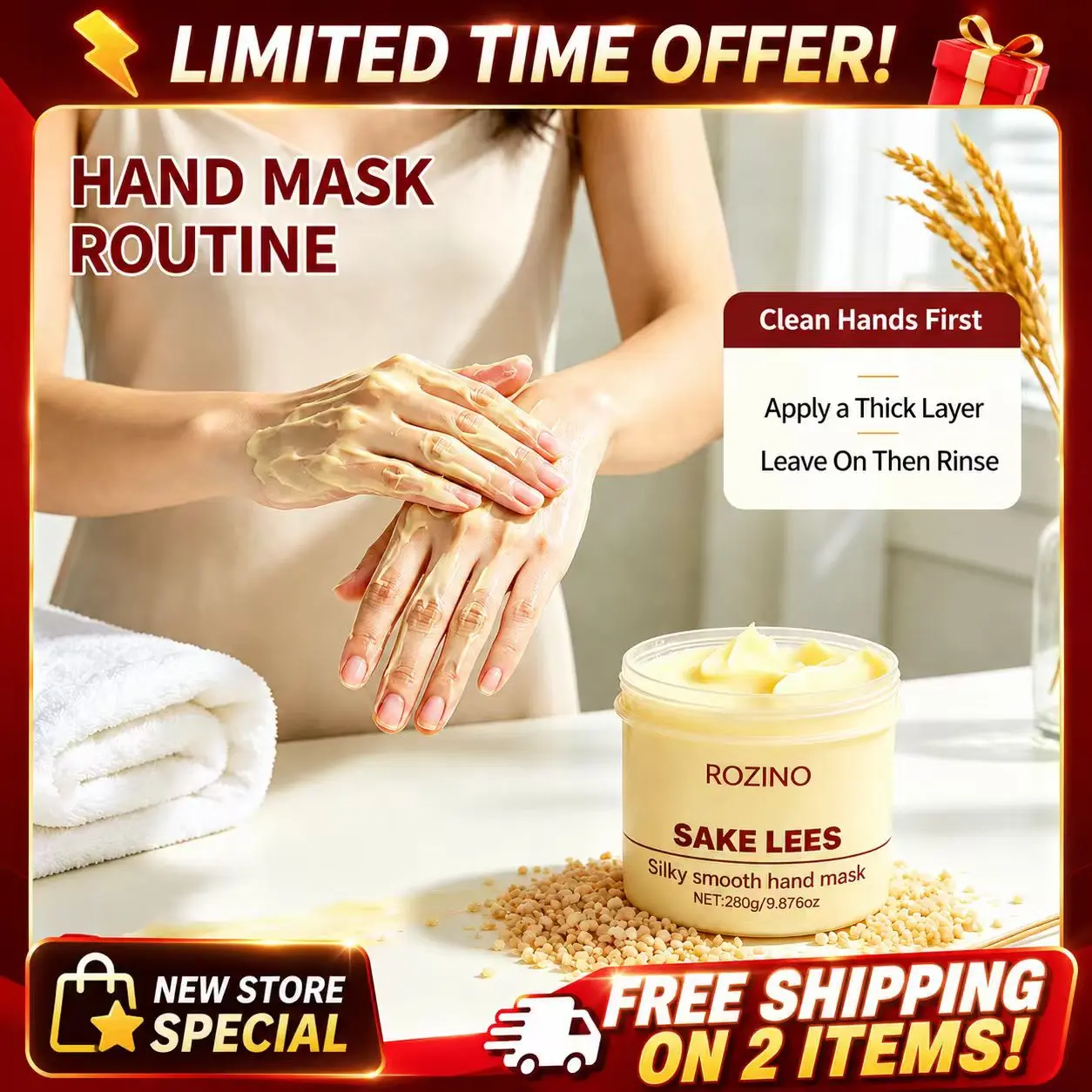 ROZINO Sake Lees Hand Mask, Natural Fermented Rice Lees Moisturizing Hand Treatment, 280g/9.88oz Non-Sticky Easy-Absorb Formula, Suitable for All Skin Types, At-Home Hand SPA Skincare