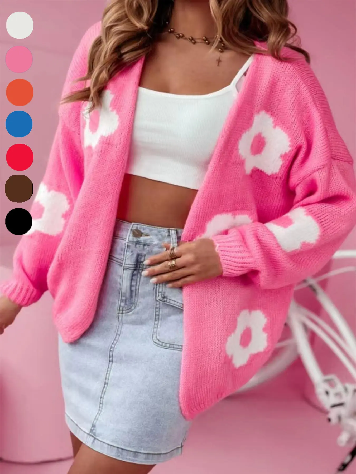 Plus Size Floral Print Drop Shoulder Loose Cardigan, Casual Long Sleeve Open Front Knitwear for Fall & Winter, Women's Daily Wear