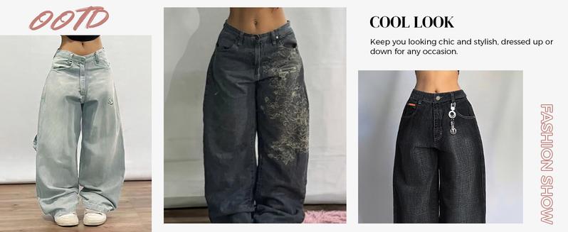 EMMIOL Women Hip Hop Baggy Jeans Wide Leg Mid-Low Waist Jeans Loose Boyfriends Jeans 90s Vintage Denim Pants casual comfy Black Womenswear