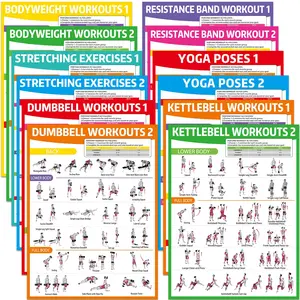 GISGFIM 12PCS Workout Posters for Home Gym Dumbbells, Bodyweight, Stretching, Resistance Bands, Yoga, Kettlebells Exercise Chart Full Body Workout Poster Set Muscle Engagement Chart Garage Gym Decor