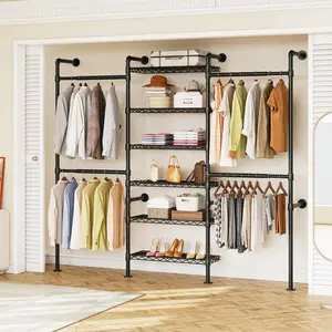 【SPOTLIGHT DAY】ONBRILL H3 Wall Mounted Closet System Expandable Industrial Pipe Clothes Rack with 4 Telescopic Rods & 6 Mesh Panels for Flexible Storage in Wardrobe