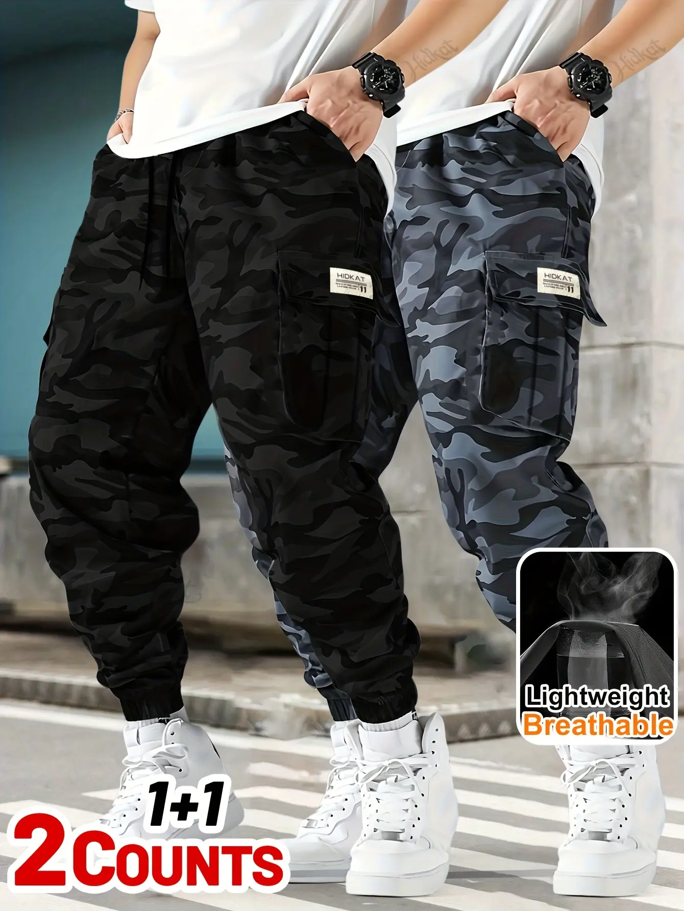 Men’s camouflage cargo pants, available in packs of 2 or 3; lightweight and breathable, with an adjustable drawstring waist and flap pockets; suitable for everyday casual wear and outdoor hiking; summer rugged apparel. Menswear