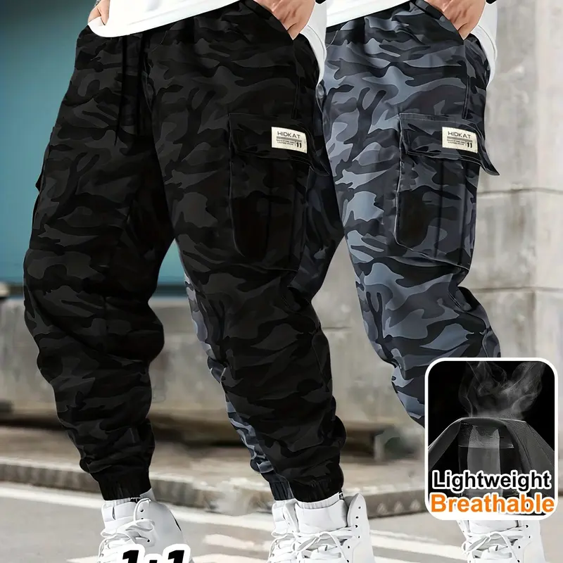 Men’s Retro Woven Camouflage Trouser - 2/3 Pack, Lightweight Breathable, Adjustable Drawstring Waist, Flap Pockets, Ankle Length, Black/Gray Camouflage, for Hiking/Casual Summer Menswear Bottoms