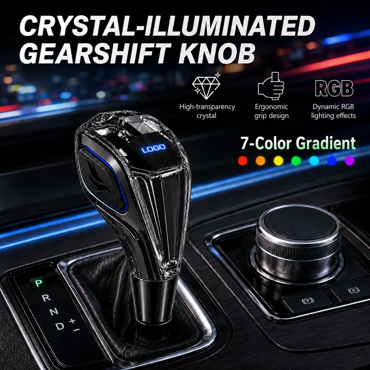 7-Color RGB LED Crystal Gear Shift Knob, Rechargeable Automatic Transmission Shifter with Touch Control & Twist-On Installation, Luxury Crystal Gear Handle for Car Interior Modification  #Summervibes