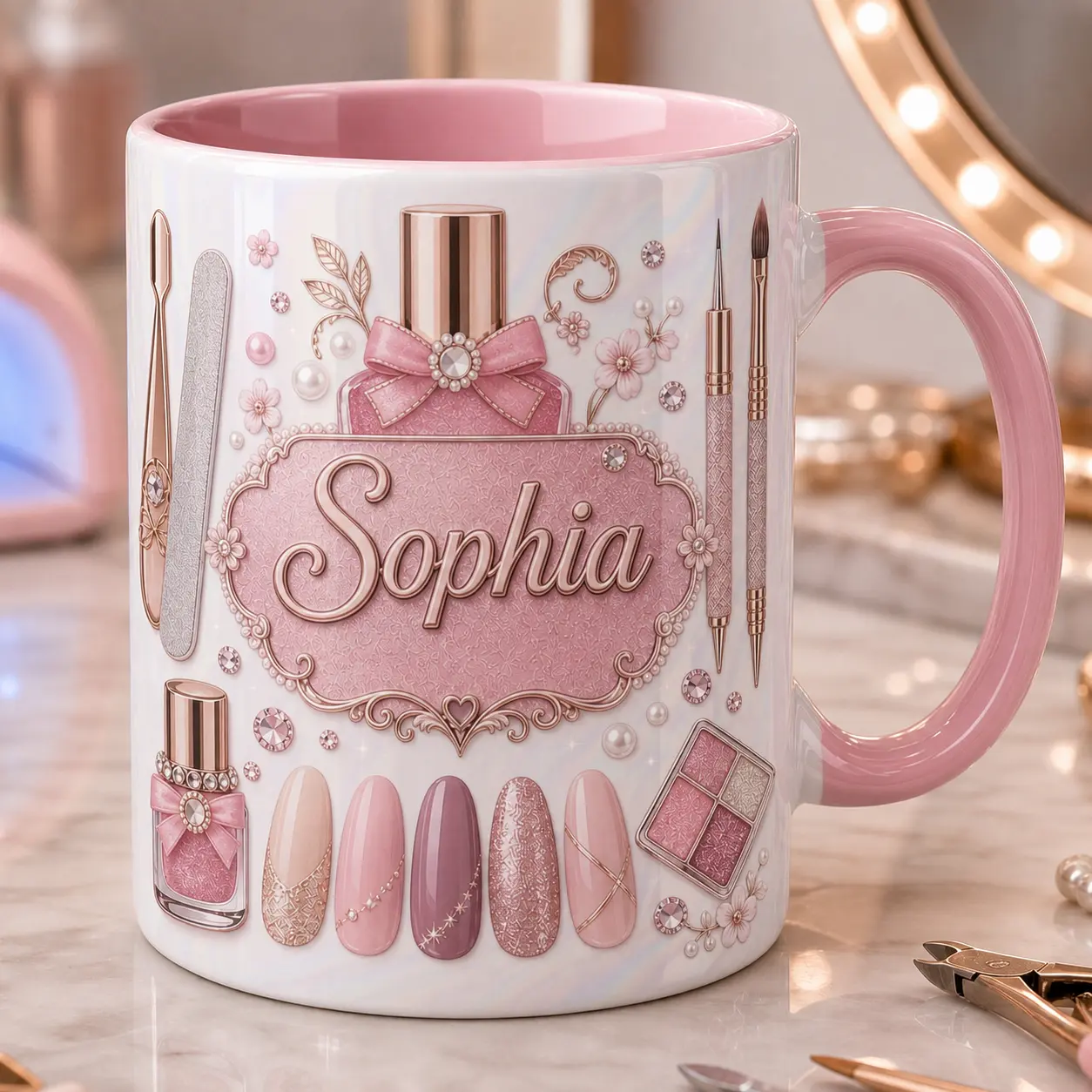 Personalized Nail Artist Mug 2D Printed 3D Effect, Custom Name Ceramic Coffee Cup with Pink Nail Polish Beauty Design, Gift for Manicurist Nail Tech Salon Owner Women