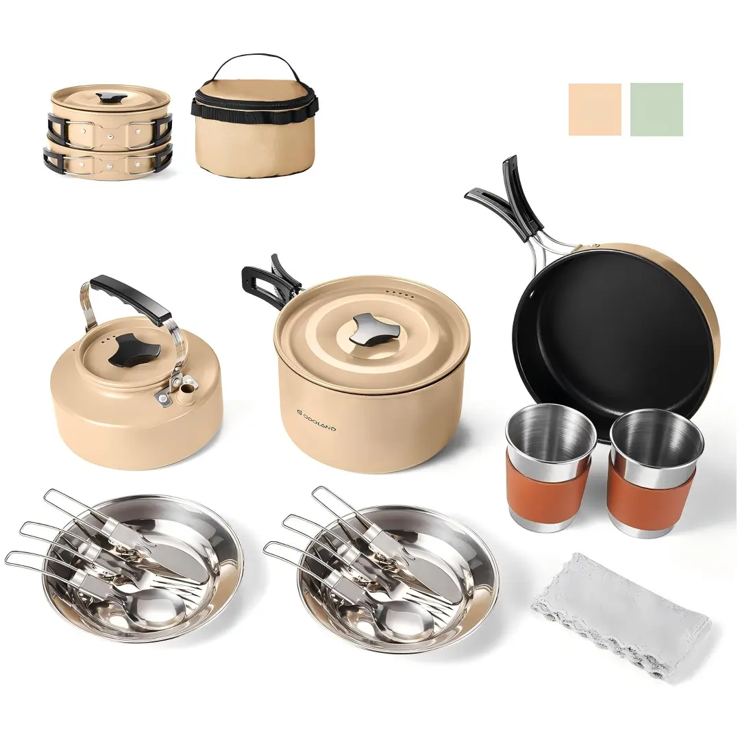 Odoland Camping Cookware Set Non-Stick Pot and Pan Set with Kettle, Stainless Steel Utensils Mess Kit, Cups Plates Knives Spoons Forks for Outdoor Cooking,Khaki