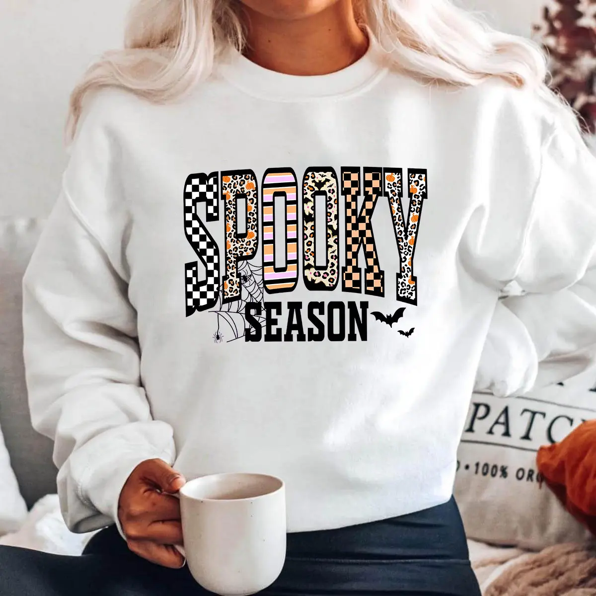 Retro Halloween Spooky Coquette Sweatshirt , Halloween Leopard Checkered Fall Pullover , Spooky Season Crewneck, Halloween Girly Fall Top